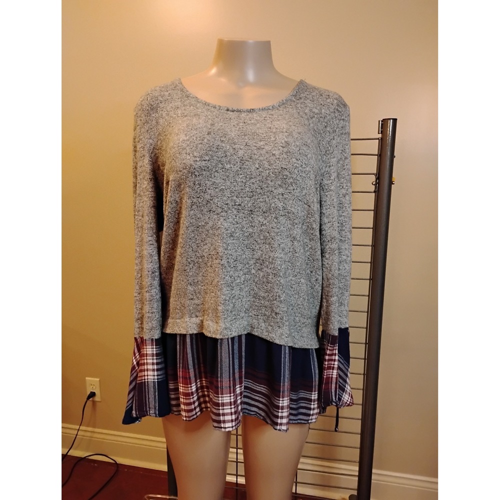 Style & Co Gray Heather Plaid Mixed Media Layered Look Tunic Top XL